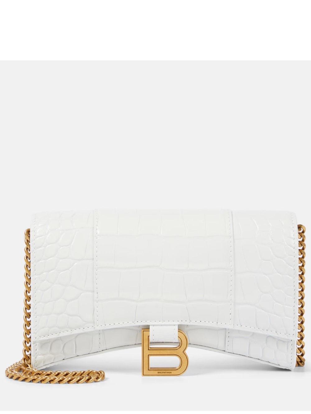 Balenciaga Hourglass White Croc-Embossed Chain Wallet with Gold 'B' Logo